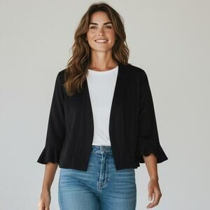 Talbots Cardigan Sweater Womens Medium Blue Cropped 3/4 Bell Sleeve Ruffle